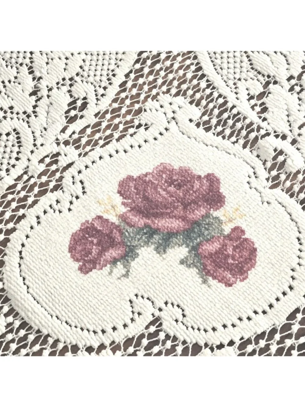 Crochet Lace Table Topper Ivory Rose Pattern Cotton Blend Square Cottagecore - Picture 5 of 9